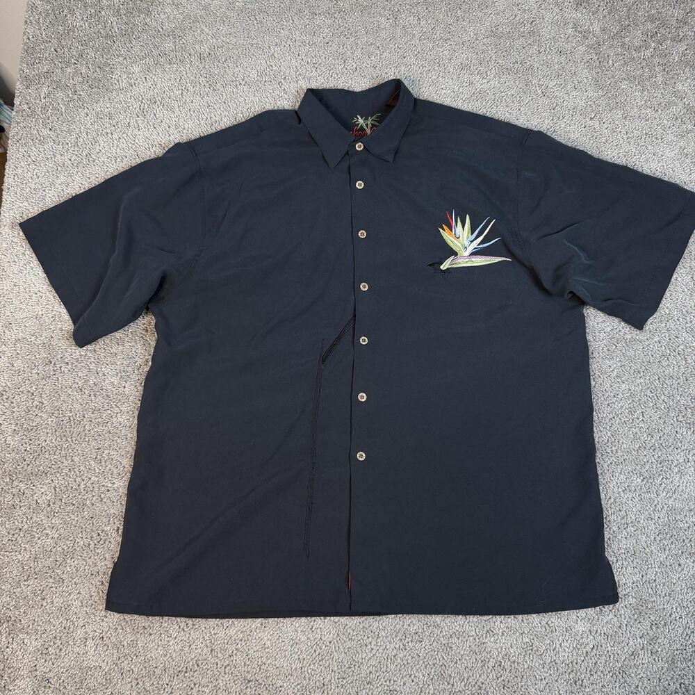 Bamboo Cay Shirt Mens XL Black Bird Of Paradise Floral Embroidered Button Up